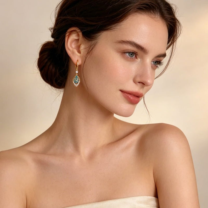 Gold Blue Art Deco Drop Hoop Earrings Product Image 07