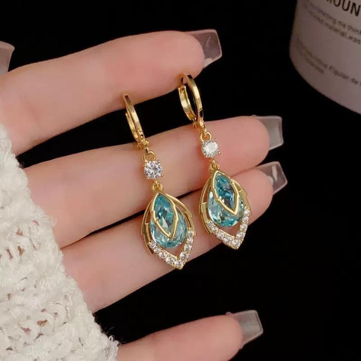 Gold Blue Art Deco Drop Hoop Earrings Product Image 08