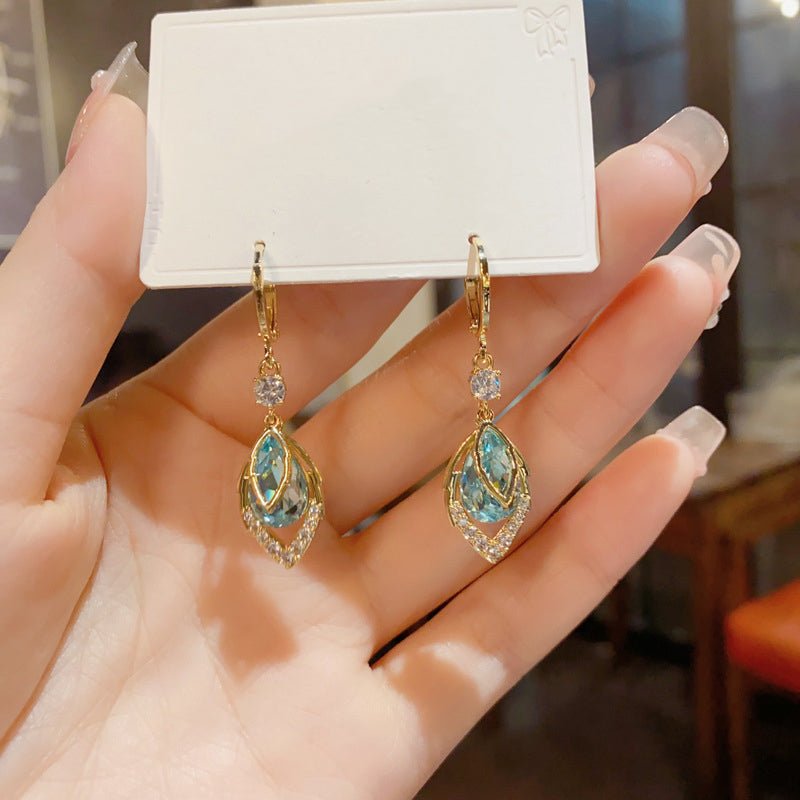 Gold Blue Art Deco Drop Hoop Earrings Product Image 09