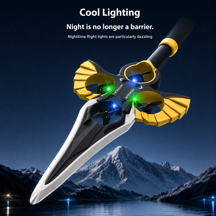Gold flying sword with blue and green lights illuminated against a night-sky background