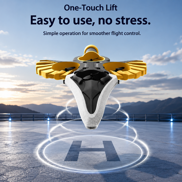 Gold flying sword pictured above a landing pad in a one-touch takeoff graphic