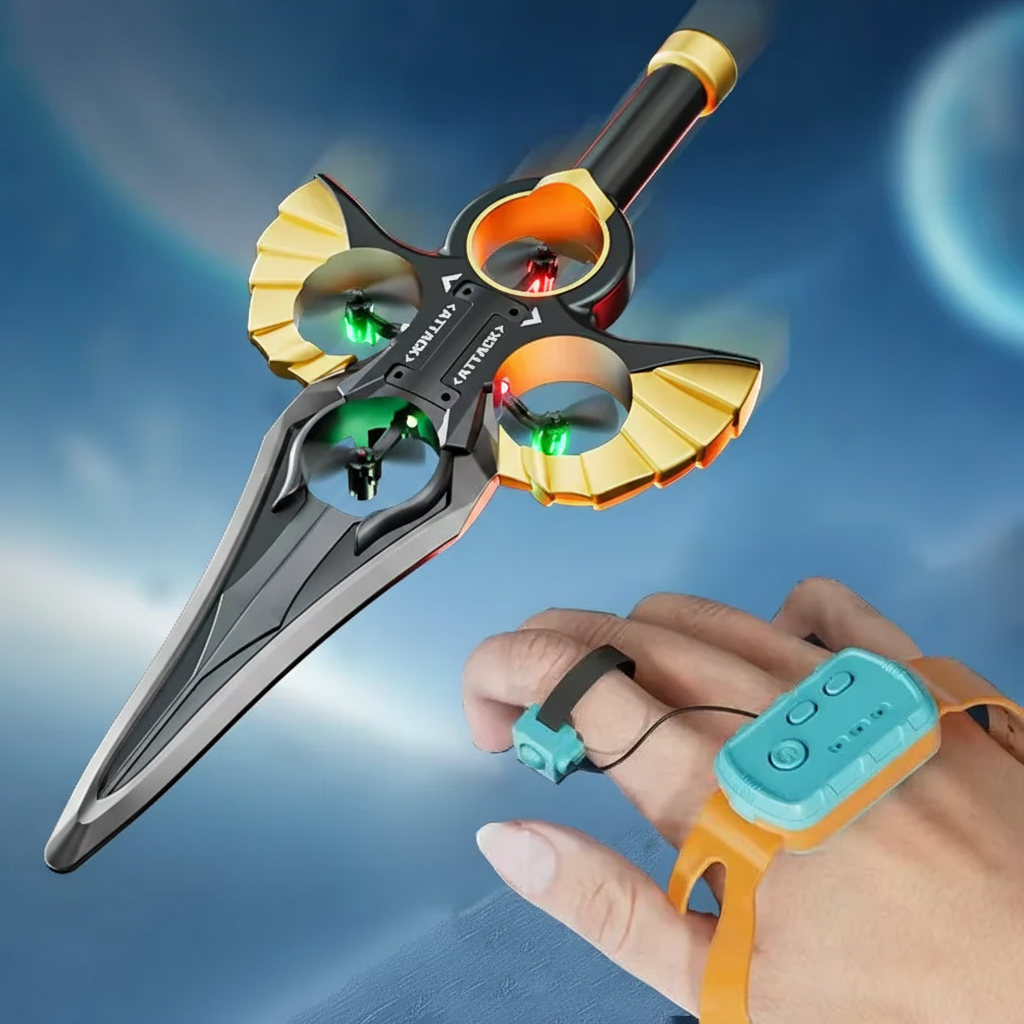 Gold flying sword with a turquoise wrist-mounted gesture controller