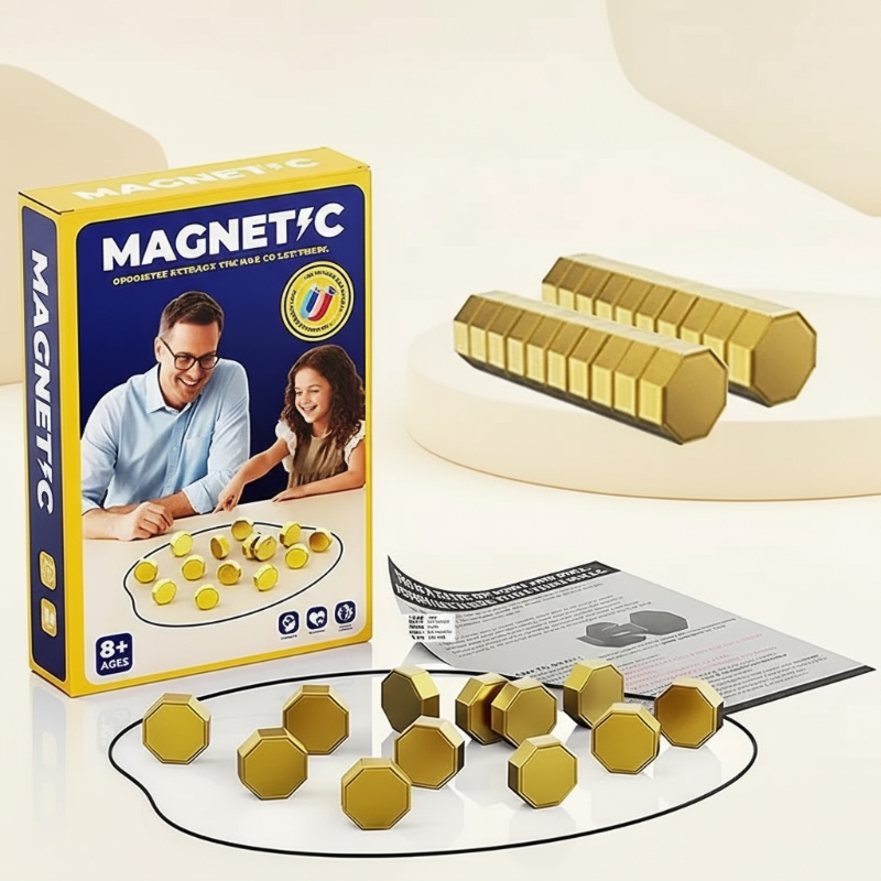 Gold magnetic game set with stones, boundary cord, instruction sheet, and box