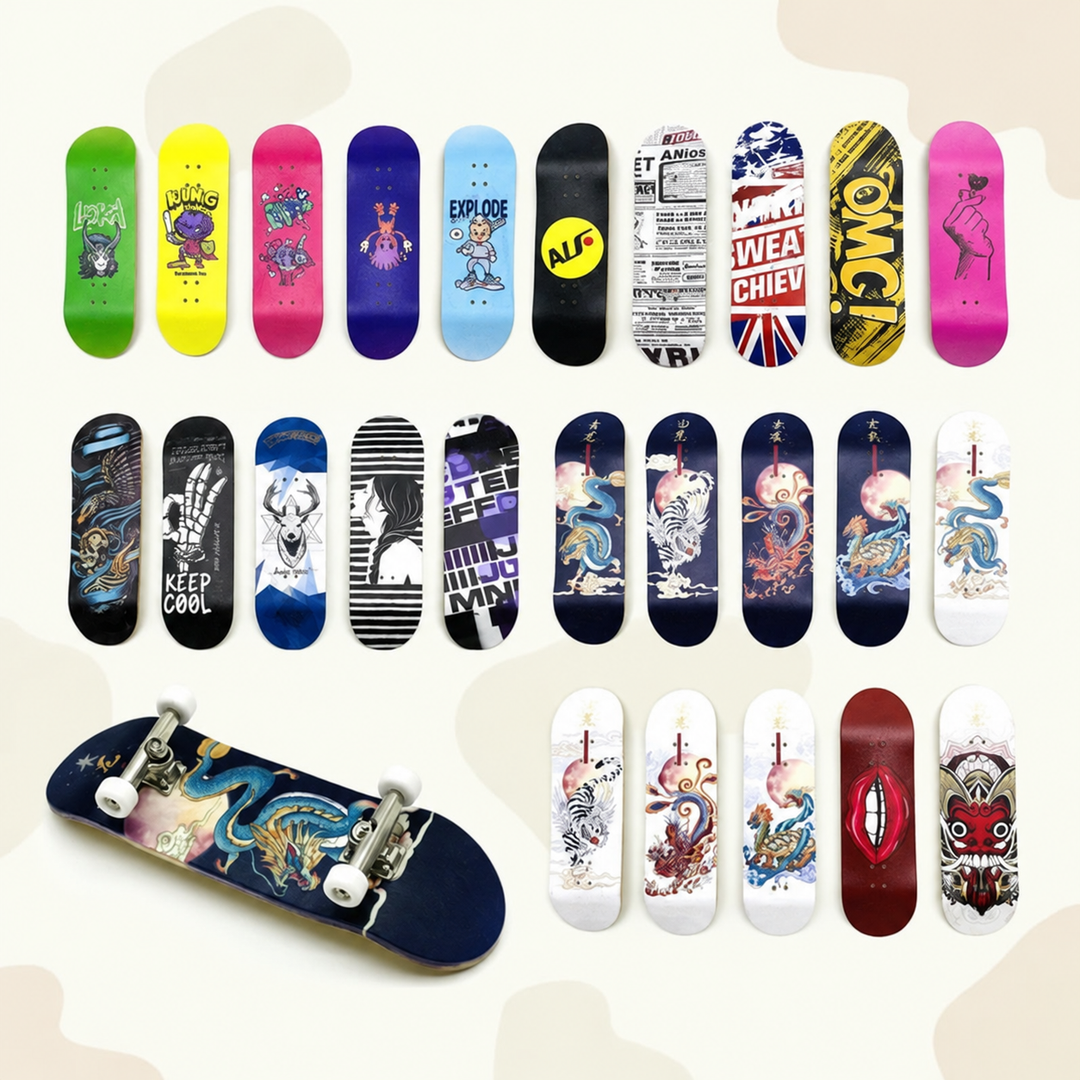 Assorted graphic fingerboard decks with an assembled finger skateboard.