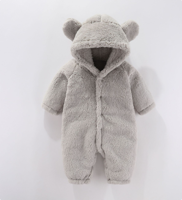 Gray hooded fleece baby romper with rounded bear ears
