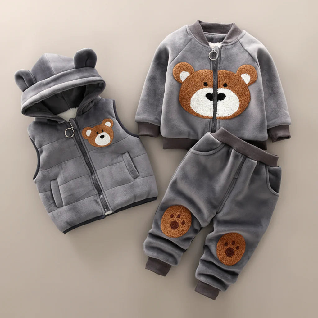 Gray bear-face zip top, matching paw-detail pants, and a hooded vest with bear ears