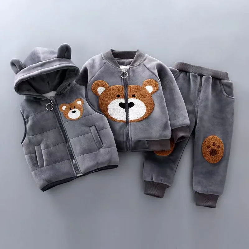 Gray hooded bear-ear vest, bear-face zip top, and matching pants with a paw accent