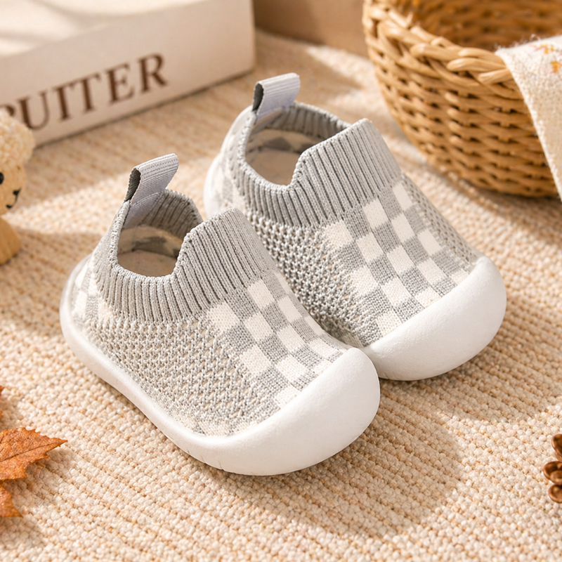 Gray and white checkerboard baby sock shoes with ribbed cuffs and white toe caps.