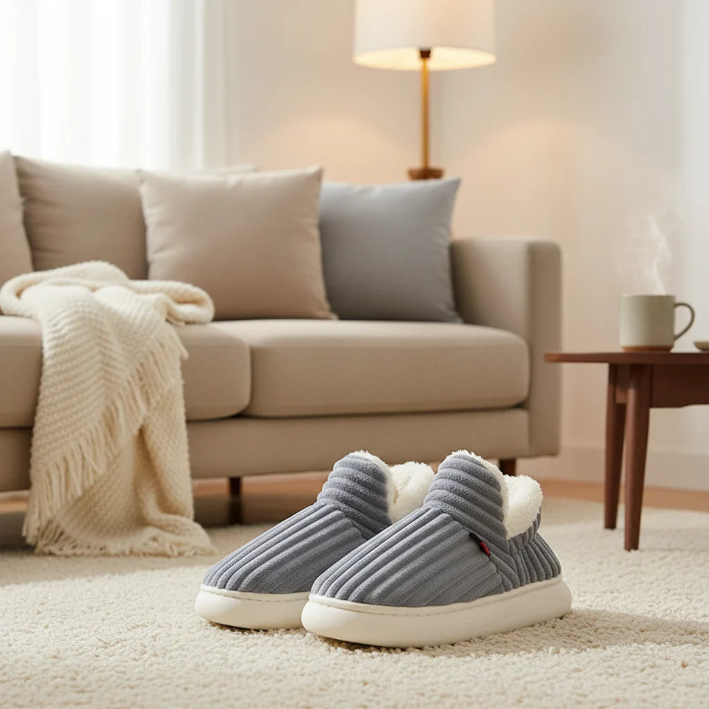 Gray corduroy slippers with white plush lining on a living room rug.