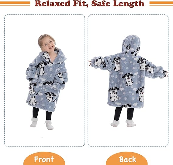 Front and back views of a gray dog-print hooded blanket on a child