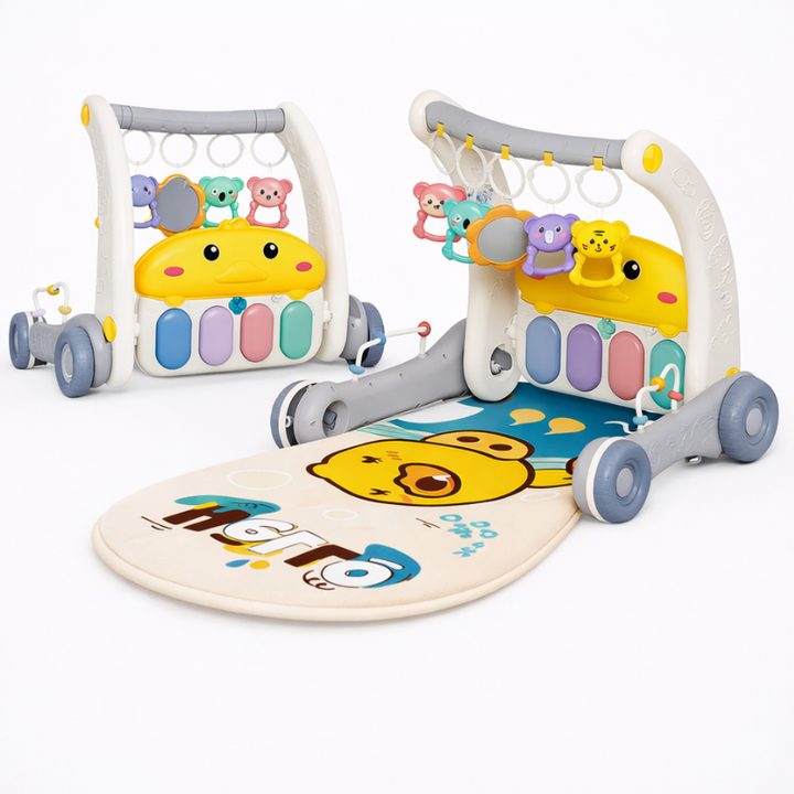 Gray and white duck gym and walker with hanging animal toys and a yellow duck-print mat