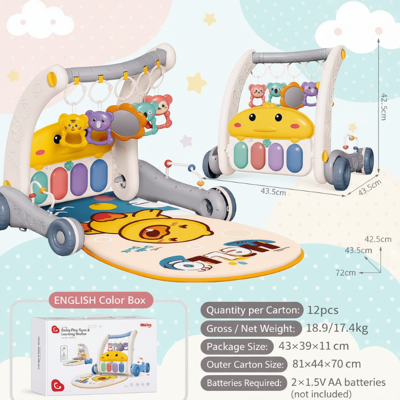 Gray and white duck piano gym and walker with a duck mat, measurements, and packaging details