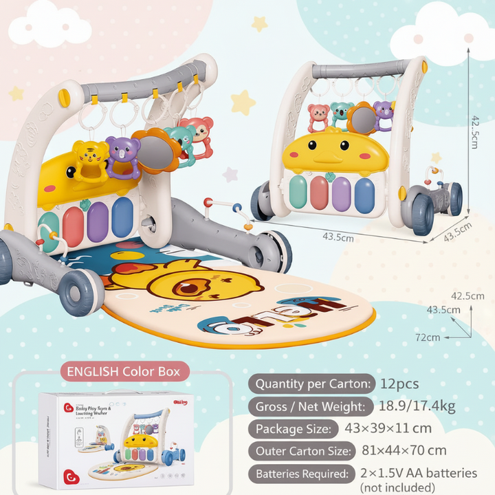 Gray and white duck piano gym and walker with a duck mat, measurements, and packaging details