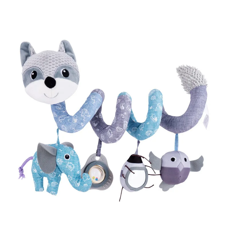 Gray fox spiral activity toy with pastel coils and hanging elephant and insect toys.