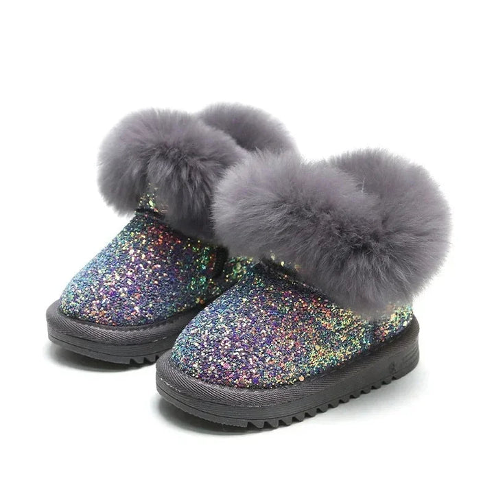 Pair of gray glitter winter boots with plush cuffs and dark soles.