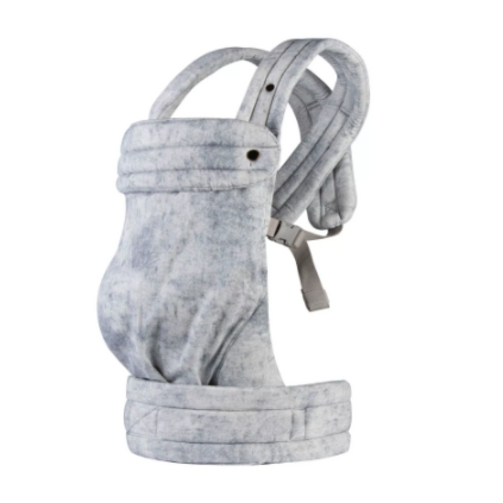 Gray ink-pattern baby carrier with padded shoulder straps and a wide waist belt