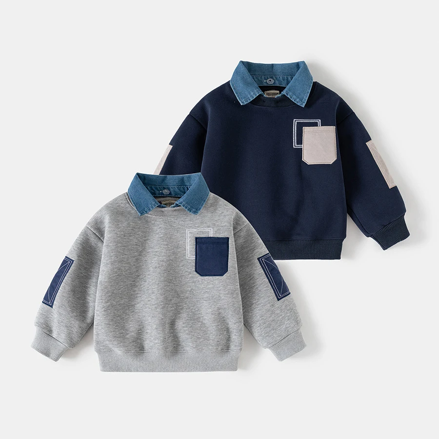 Gray and navy boys' sweaters with denim collars, contrasting chest pockets and sleeve patches