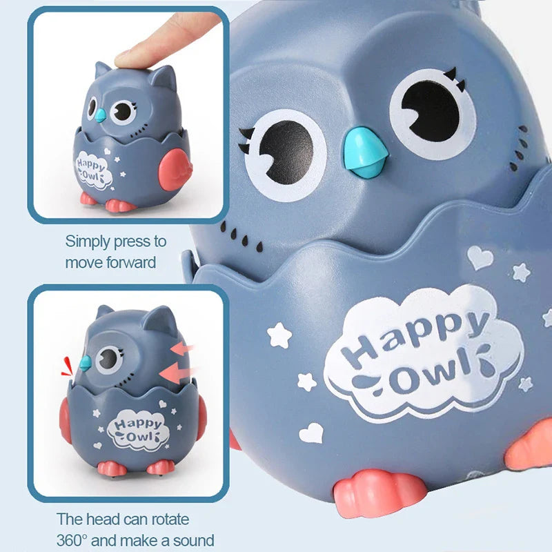 Gray owl toy car with inset views showing the press-to-roll action and rotating head.