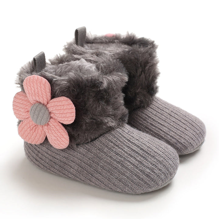 Gray baby boots with pink flower accents and ribbed uppers