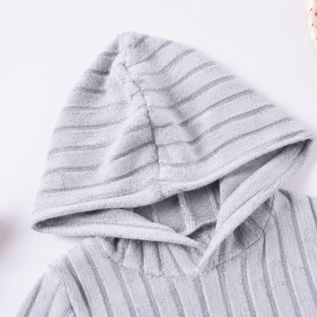 Close-up of the gray ribbed hood and neckline.