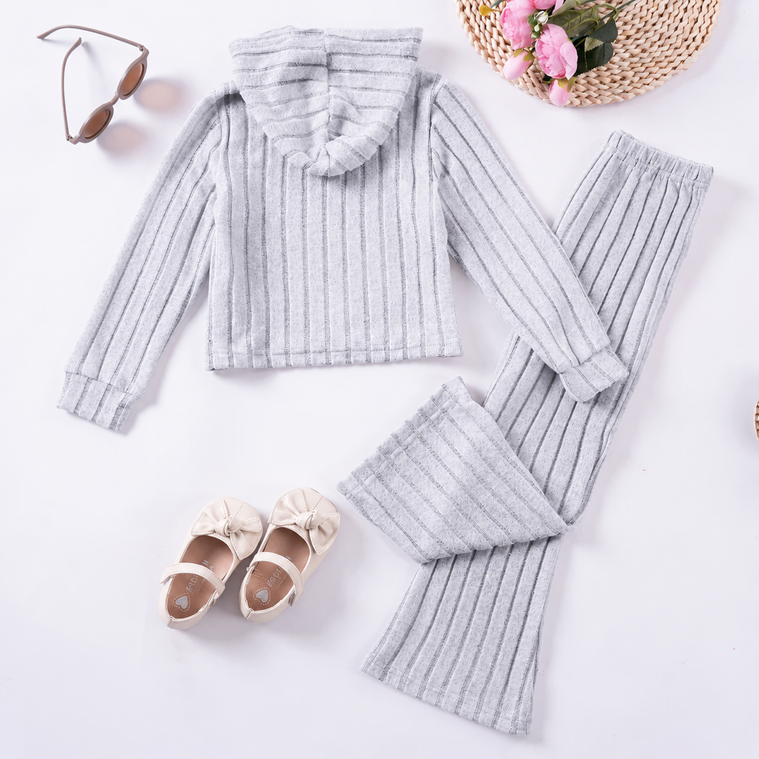 Back view of a gray ribbed hooded top and matching pants arranged flat.
