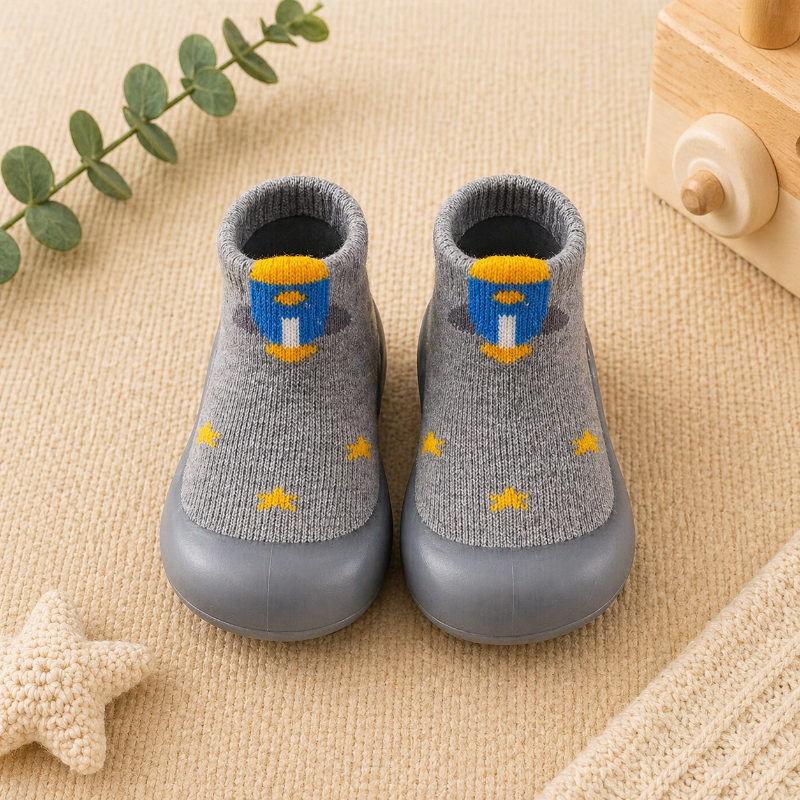 Gray knitted sock shoes with rocket details, yellow stars, and matching gray soles.