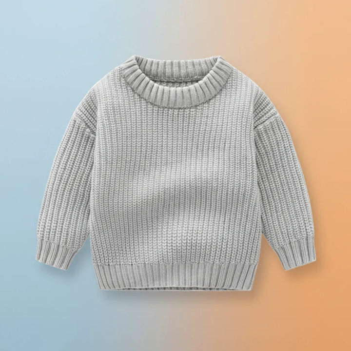 Gray long-sleeve knit sweater with a round neckline and ribbed trim.