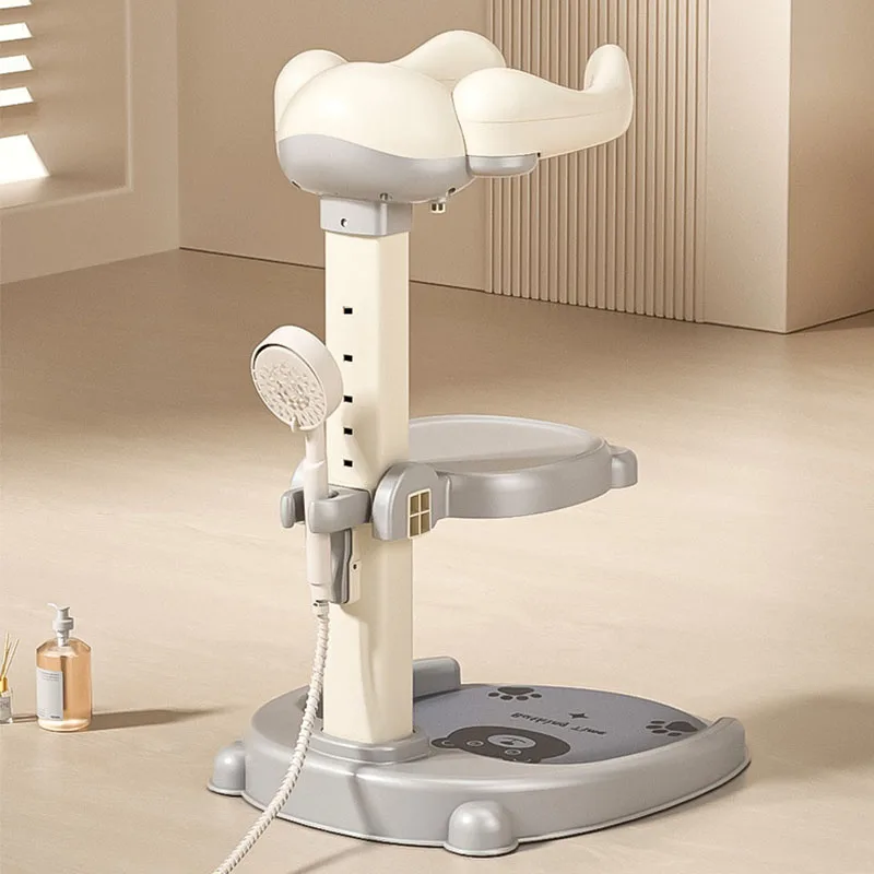 Gray shower stand with a cloud-shaped ring, stool and handheld shower head