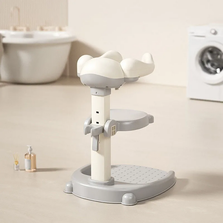 Gray toddler shower stand with a central stool
