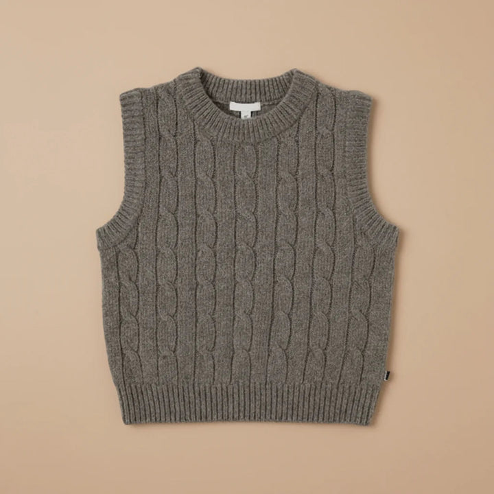 Gray sleeveless cable-knit vest with ribbed neckline, armholes, and hem