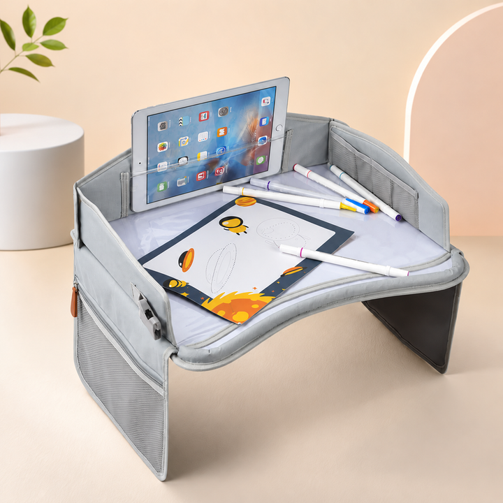 Gray travel tray shown with a tablet, drawing board, and markers