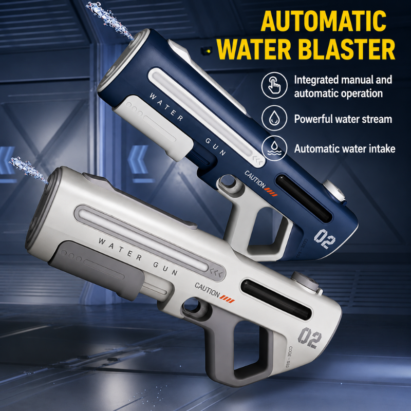 Gray and white water blasters in a graphic highlighting operation and automatic water intake