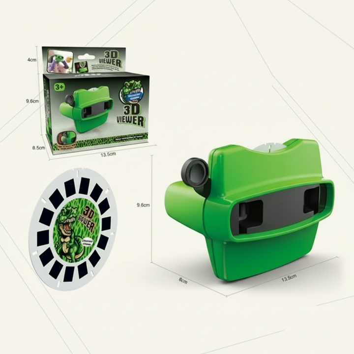 Green 3D viewer with a picture reel, retail box, and measurement guides
