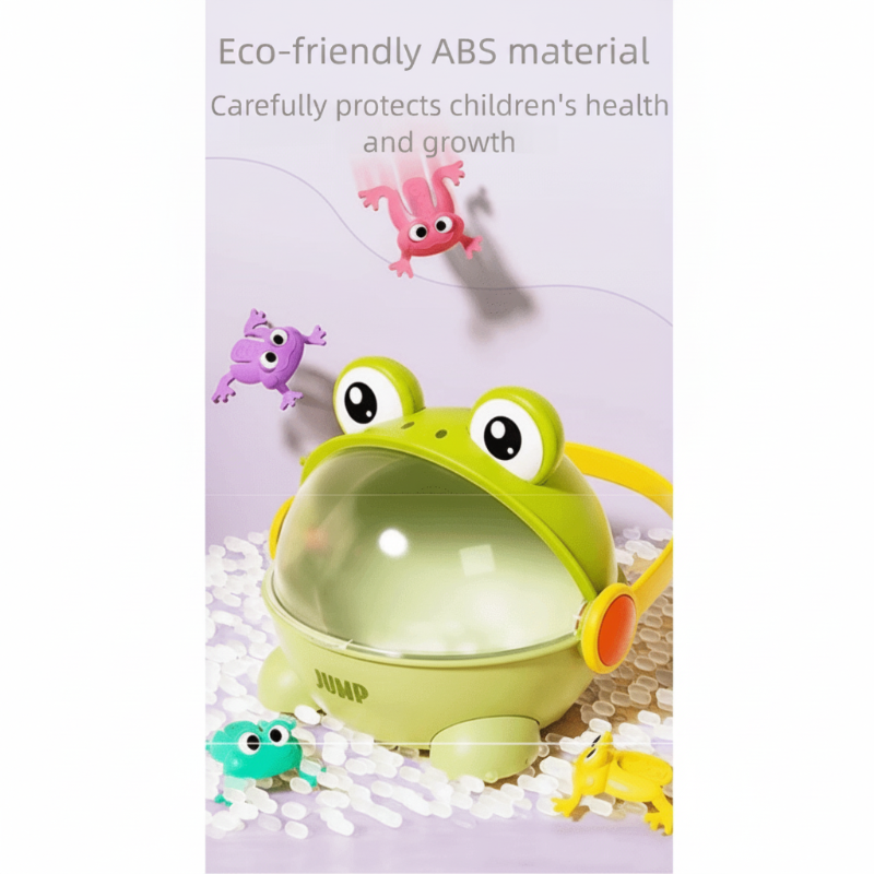 Open green ABS plastic frog case surrounded by colorful small frogs.