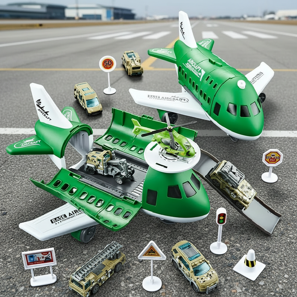 Green airplane play set in open and closed configurations with vehicles, a helicopter, and road signs