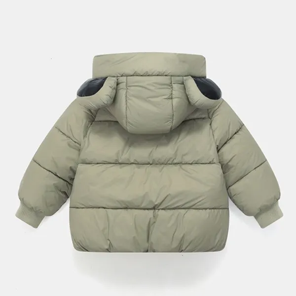 Back of the green quilted winter coat with an animal-ear hood