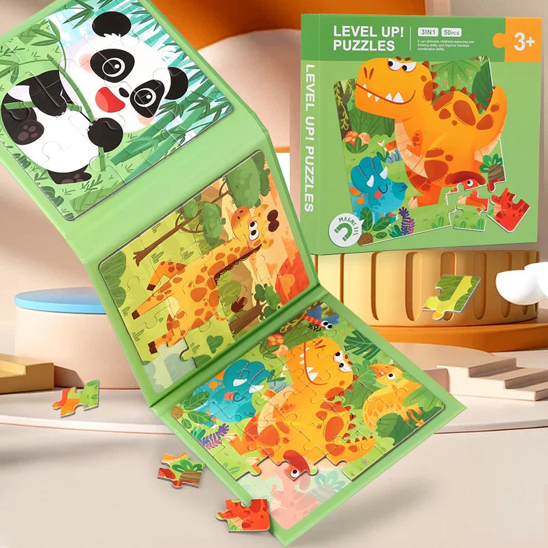Green fold-out animal puzzle book with panda, giraffe, and dinosaur scenes.