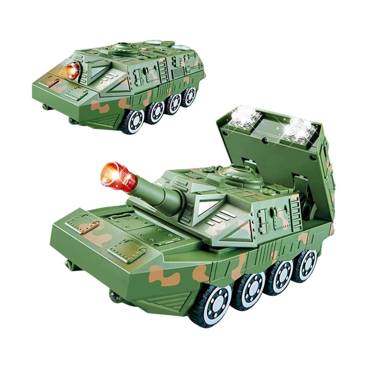 Green camouflage toy shown in armored car and tank forms with an illuminated cannon