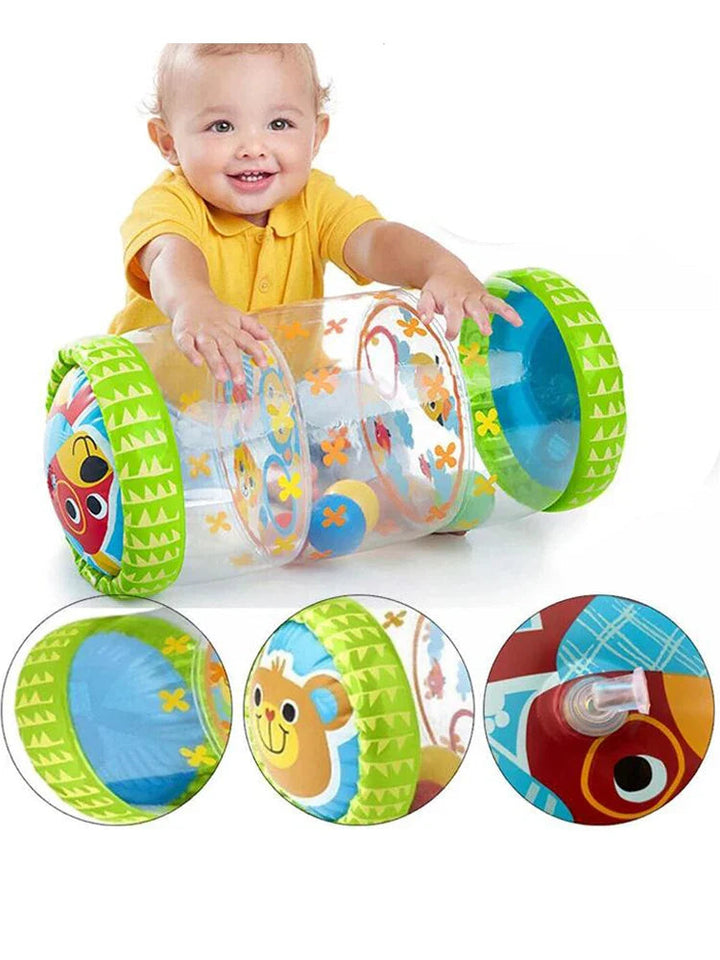 Baby holding a green activity roller with close-ups of the ends and inflation valve