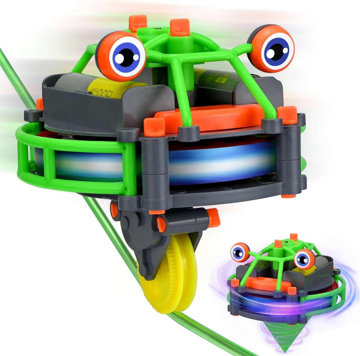 Green balancing robot with a yellow wheel, plus a smaller view of its spinning configuration.