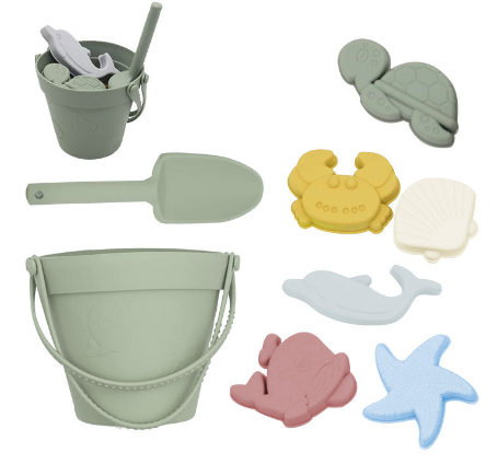 Green silicone beach bucket and shovel with six colorful sea-themed sand molds.