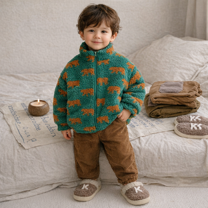 Child wearing a green bear-print fleece jacket with brown pants indoors