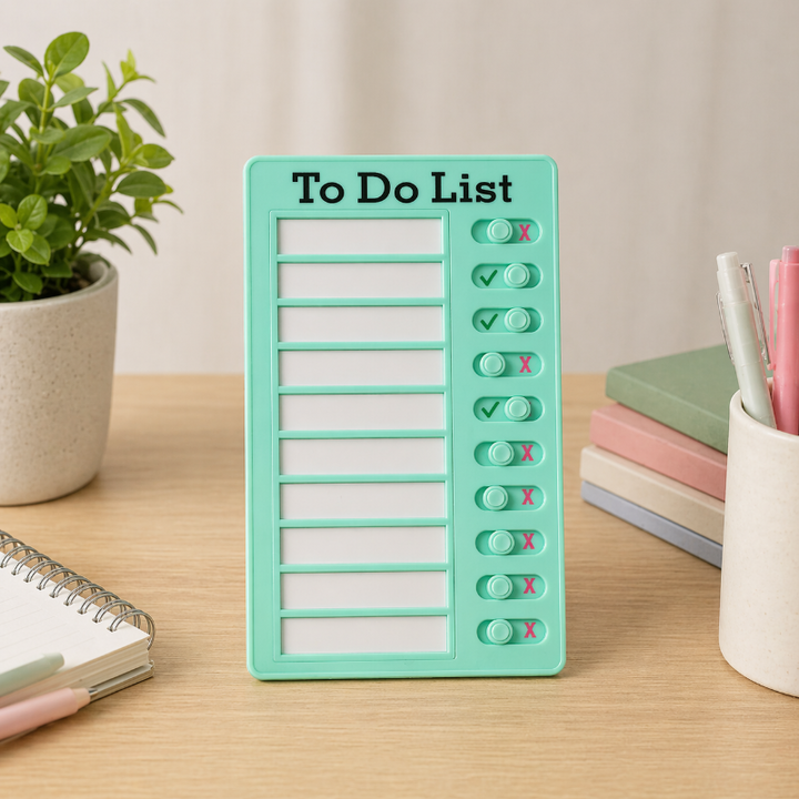 Green chore chart with ten blank task spaces and sliding completion indicators.