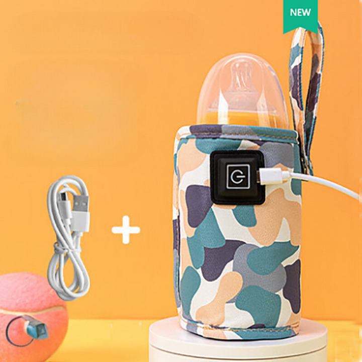 Green, blue, and beige camouflage bottle warmer with a carry loop and USB cable.