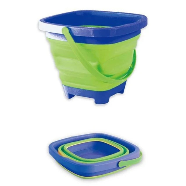 Green beach bucket with blue trim, shown expanded and folded flat