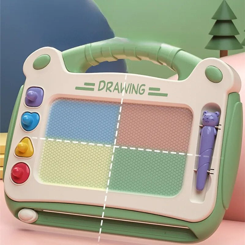 Green drawing board showing four colored drawing zones, a stored stylus, and an eraser slider