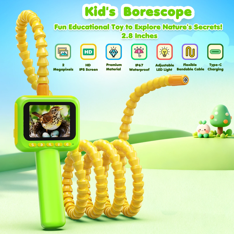 Green handheld borescope with a 2.8-inch display and coiled yellow camera neck