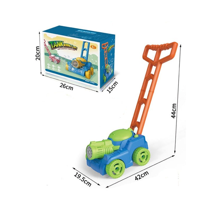 Blue and green bubble lawn mower with measurement labels beside its retail box