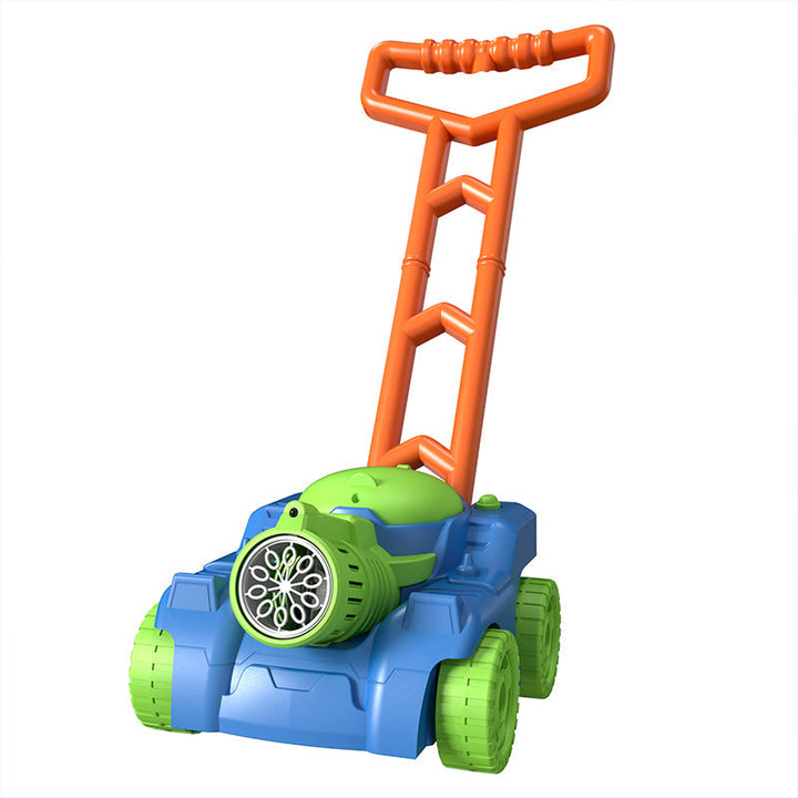 Blue and green bubble lawn mower with green wheels and an orange push handle