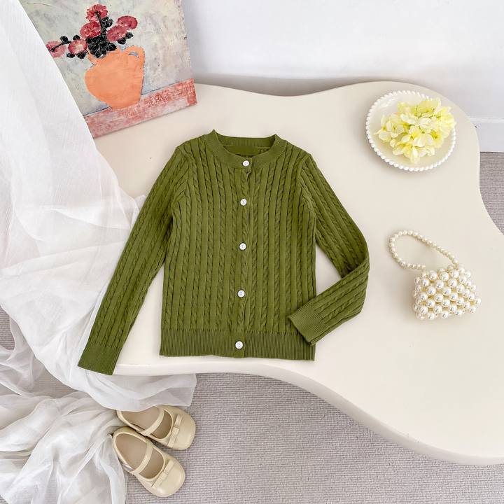 Green cable-knit cardigan with long sleeves and a button-front closure